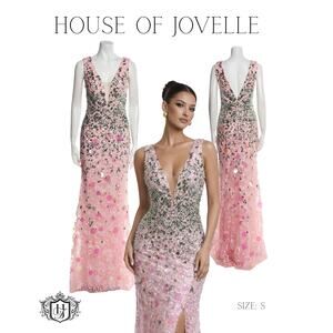 Tarik Ediz  Aline Evening Gown Maxi Dress Women M Pink Sequin V Neck 54085 NWT